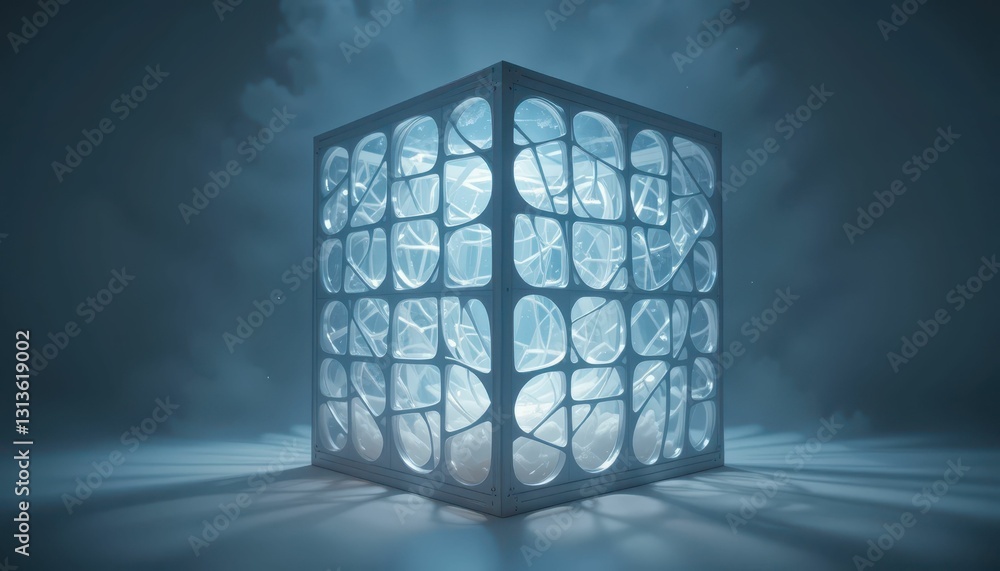 Aufkleber glowing abstract cube in a dark misty environment with light burst