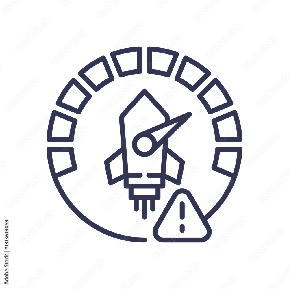 Poster rocket with speedometer and warning sign symbolizes speed monitoring and caution.