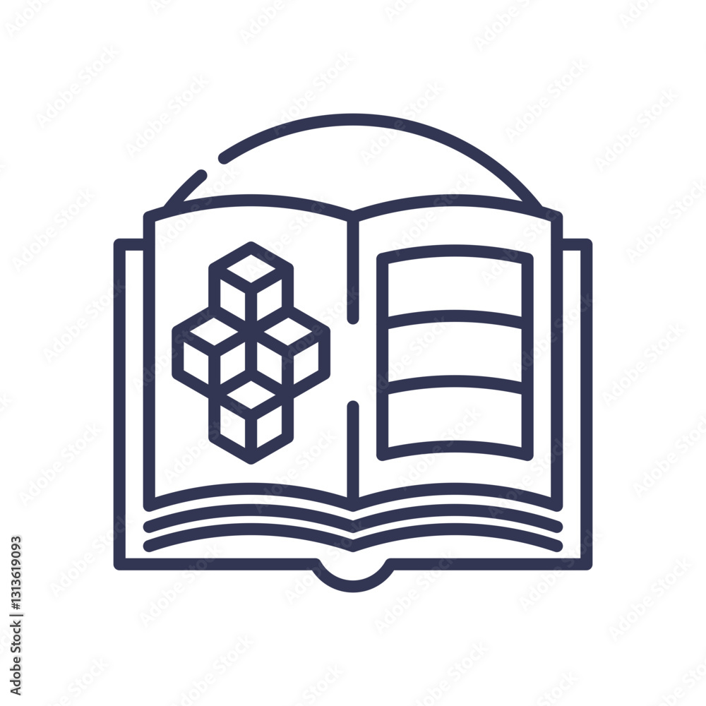 Poster open book with geometric cubes symbolizes structured planning and organized knowledge.