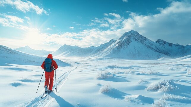 A skier gliding through a vast snowy plain with towering mountains in the distance under a bright sky. Generative AI - Powered by Adobe