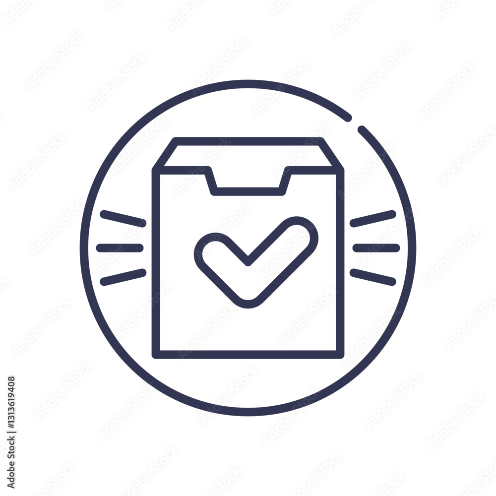 Poster box with checkmark symbolizes verified validity and approval.