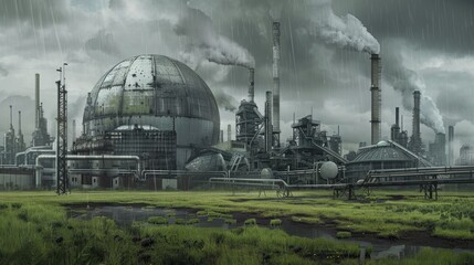 Obraz premium Captured in a wide shot, this industrial facility showcases complex machinery amidst a grassy plain, creating a stark contrast between nature and technology under a cloudy sky.