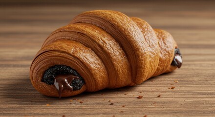 Delicious Chocolate Croissant Close-up on Wood Surface, Perfect Pastry Treat