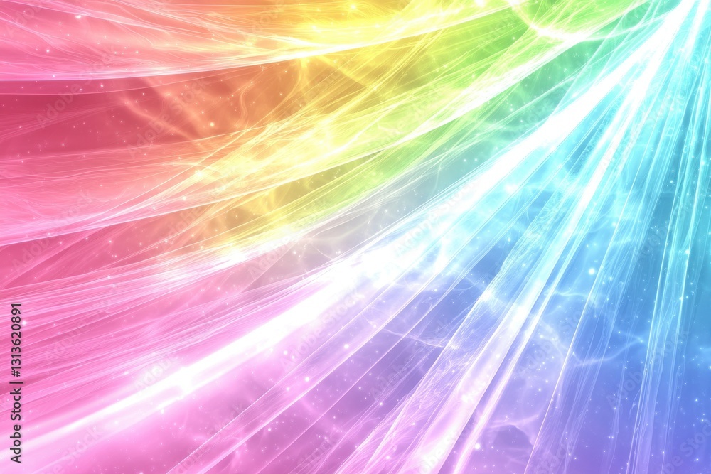 Poster a vibrant rainbow spectrum light effect, featuring colorful strands blending together to create a gl