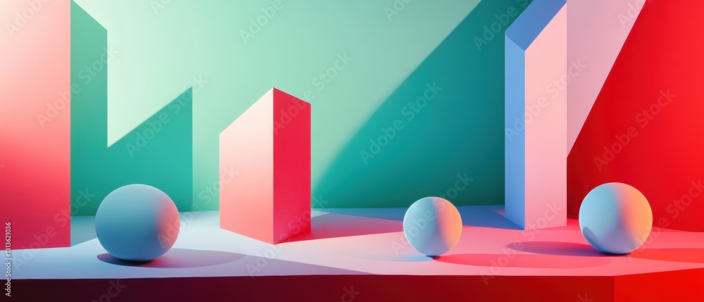 Poster abstract geometric composition featuring spheres and rectangular shapes with vibrant colors and dram