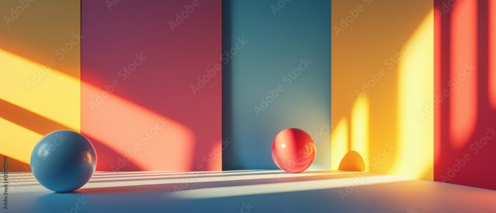 Poster colorful geometric scene with shadows and vibrant light creating a dynamic atmosphere featuring thre