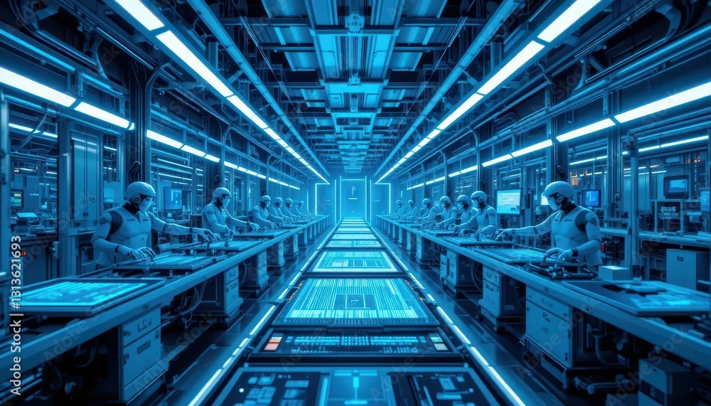 Poster futuristic robotics factory with advanced technology and automation