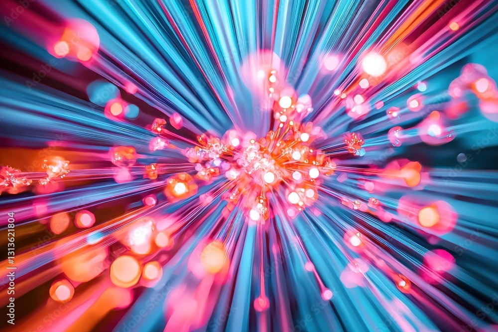 Poster an explosion of vibrant pink and blue light rays and bokeh creates a dynamic, abstract and futuristi