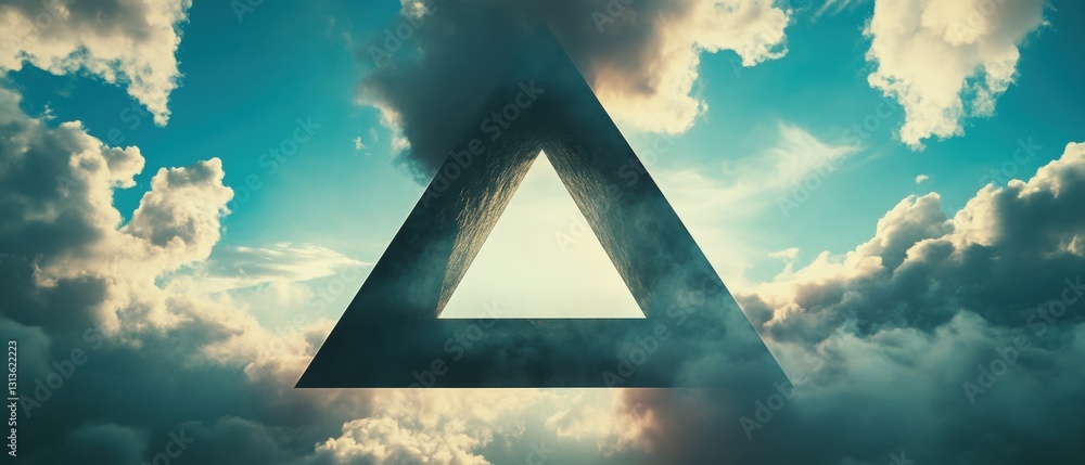 Poster surreal geometric triangle surrounded by vibrant clouds and ethereal light in a dreamlike sky settin