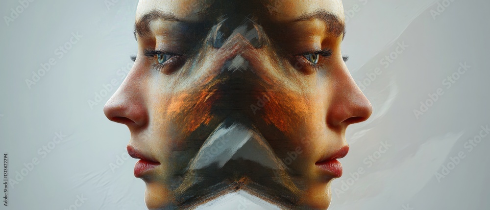 Aufkleber duality of reflection in artistic portrait combining facial features with abstract backgrounds and n