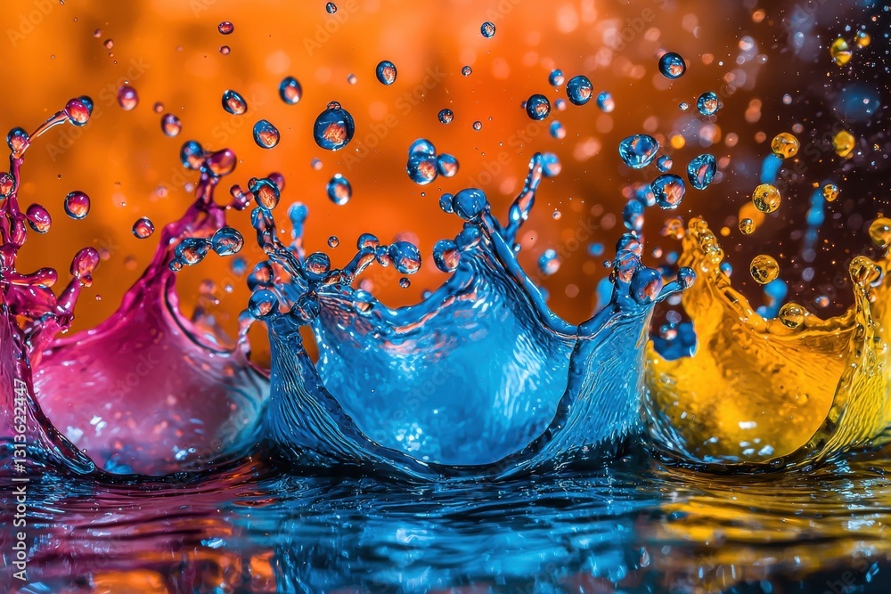 Poster dynamic shot of colorful water splashes frozen in time against an orange backdrop, creating a mesmer