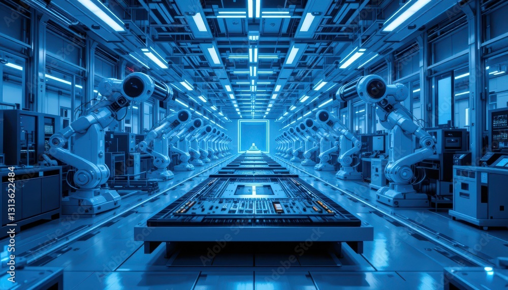 Poster futuristic factory automation with robotic arms and neon lights