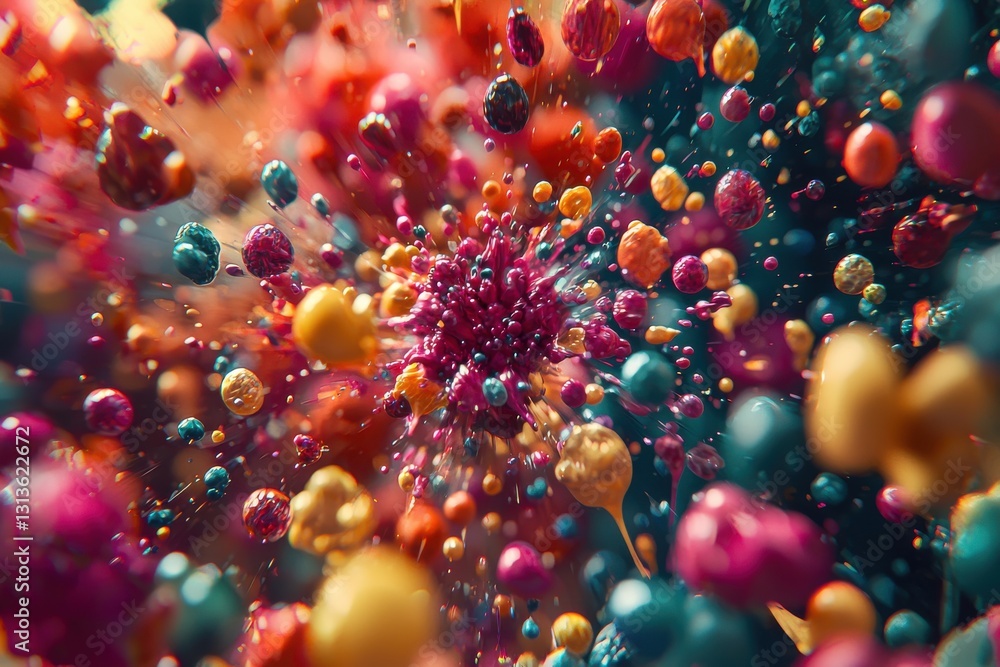 Poster an abstract burst of vibrant multicolored spheres creating a chaotic explosion of energy and movemen
