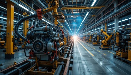 Fototapeta premium Industrial Engine Assembly Line in Modern Manufacturing Facility
