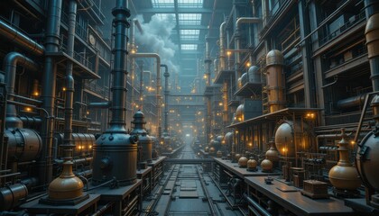 Fototapeta premium Industrial Warehouse with Machinery and Pipes in Dramatic Lighting