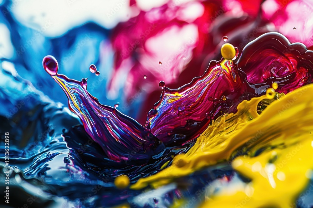 Poster an abstract close-up of vibrant liquid paint colliding and creating splash formations, showing dynam