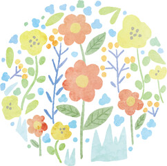 花、花畑、アイコン、水彩　ベクター