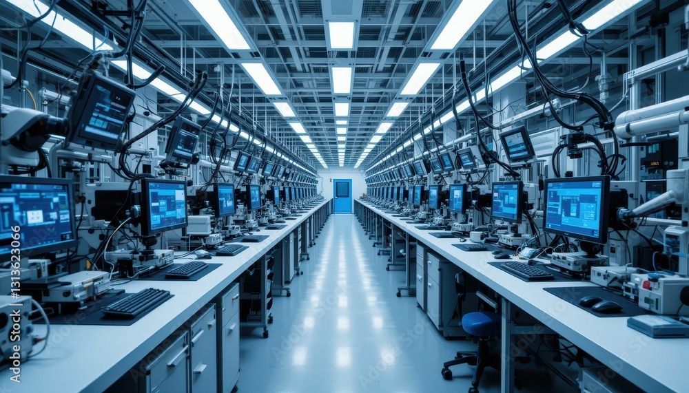 Poster modern laboratory workspace with computers and equipment