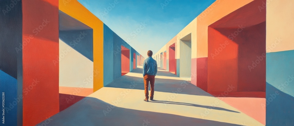 Poster man walking through colorful abstract architecture in bright landscape showing solitude and explorat