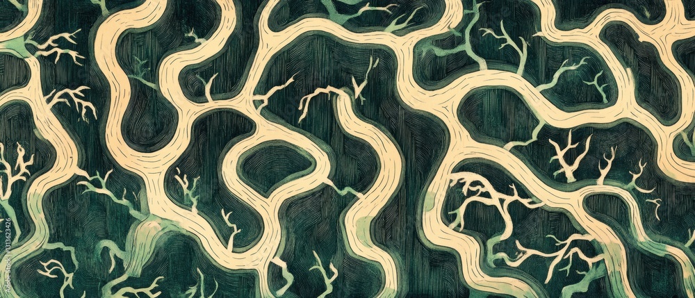 Aufkleber aerial view of abstract twisting river paths with dark background and light branches evoking nature'
