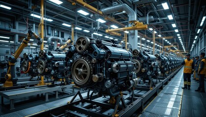Fototapeta premium Industrial Engine Assembly Line in Modern Manufacturing Facility