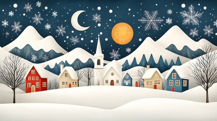 Charming Winter Village Night Scene with Snow Covered Houses and Church
