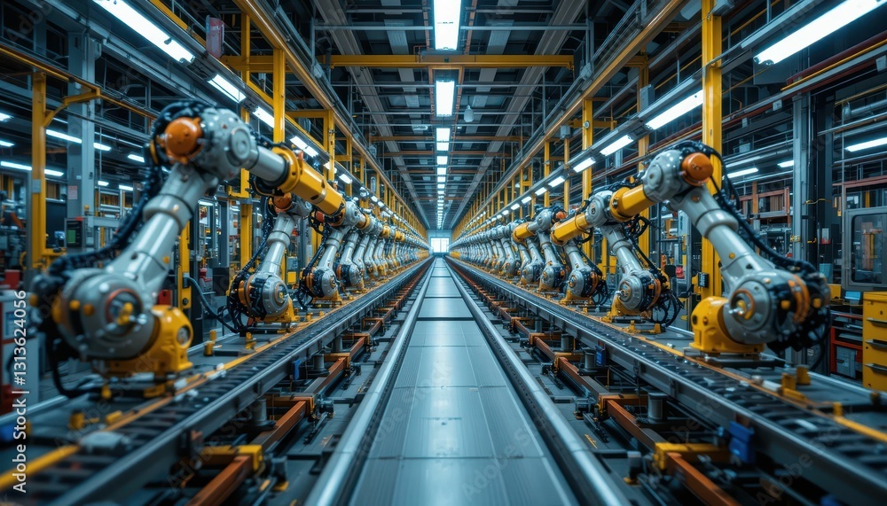 Poster advanced automation in modern manufacturing facility with robotics