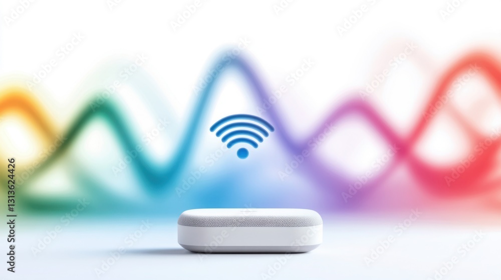 Poster wireless device with wifi signal icon on colorful wave background.