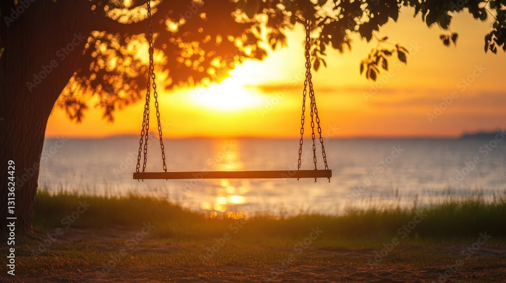 Poster a beach swing at sunset, offering a serene, calming vibe with the soft golden glow of the setting su