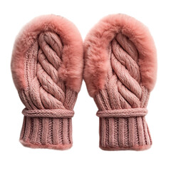 Faux Fur Mittens in Dusty Pink with Braided Cable Detail Isolated on Transparent Background