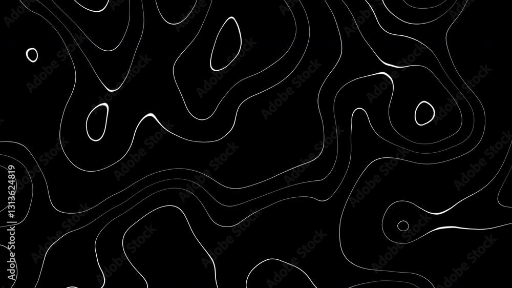 Poster Abstract black background with wavy lines motion. Flat lay layout with geometric shapes. Loop background