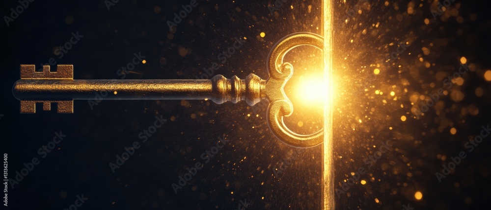 Poster golden key illuminating a mysterious door with sparkling light and magical aura creating a sense of 