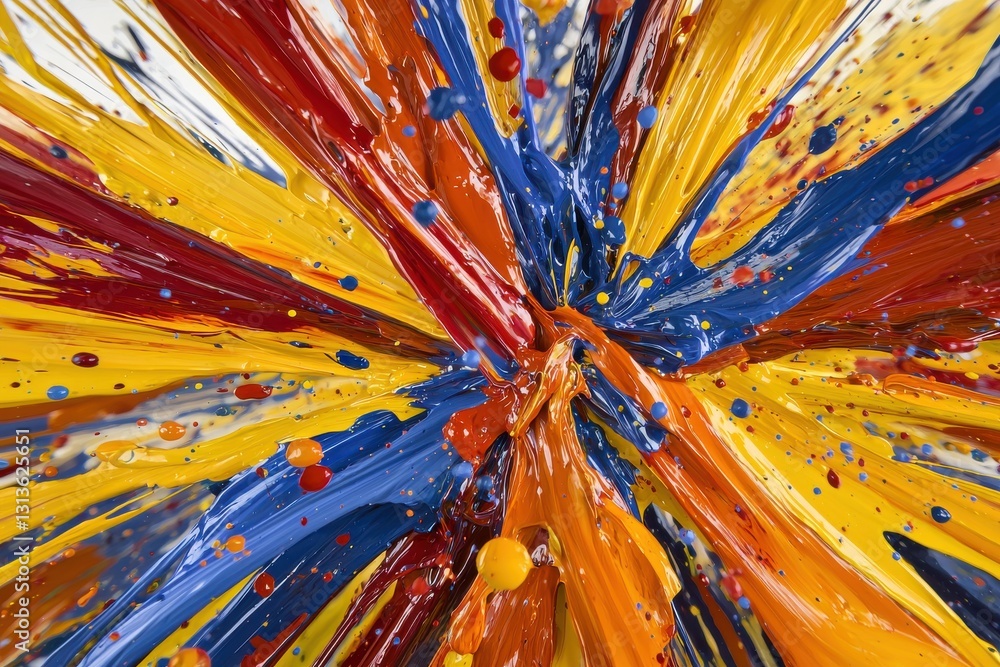 Poster an explosion of vibrant colors in a dynamic abstract composition with vivid splatters of blue, yello