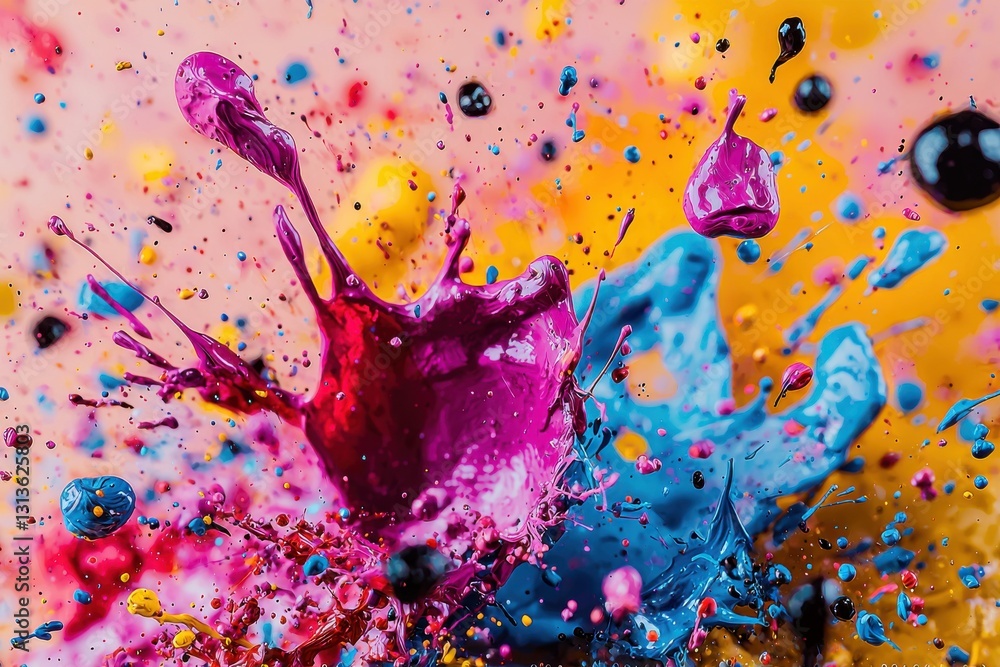 Poster a vibrant explosion of colorful paint splashes, creating a dynamic and energetic abstract art piece 