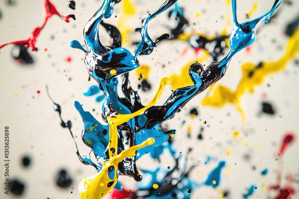 Poster dynamic splash of vibrant colorful inks creating an abstract, artistic design on a white backdrop, s