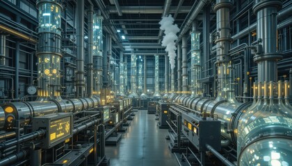 Fototapeta premium Industrial Factory Interior with Pipes and Machinery in Detail