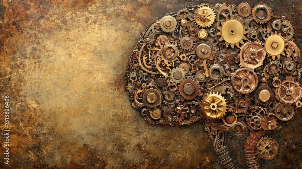 Aufkleber Steampunk inspired brain crafted from gears and cogs with metallic tones and golden hues for creative projects Generative AI
