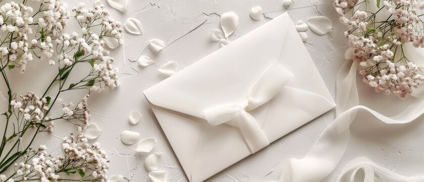 Blank white card surrounded by white flowers on a pink background. Floral stationery mockup concept. Top down view of white letter decorated with floral decoration. Romantic decoration design. AIG55.