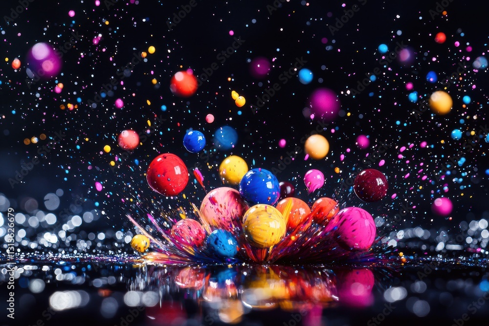 Poster a vibrant display of colorful spheres exploding with confetti, creating a dynamic and festive abstra