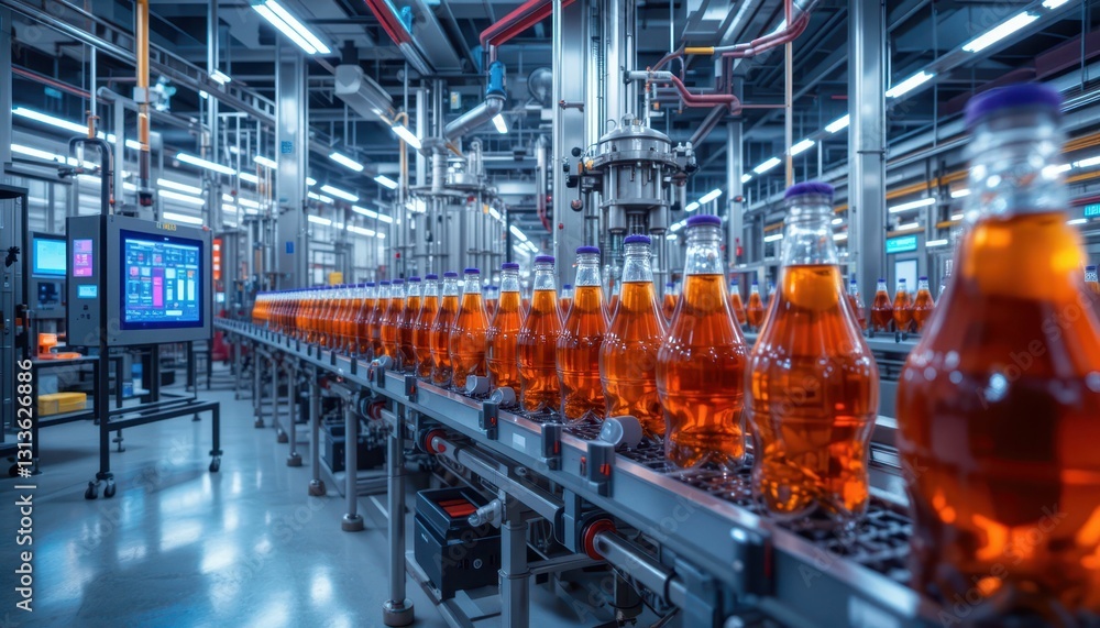 Poster beverage production line with bottles on conveyor in factory setting