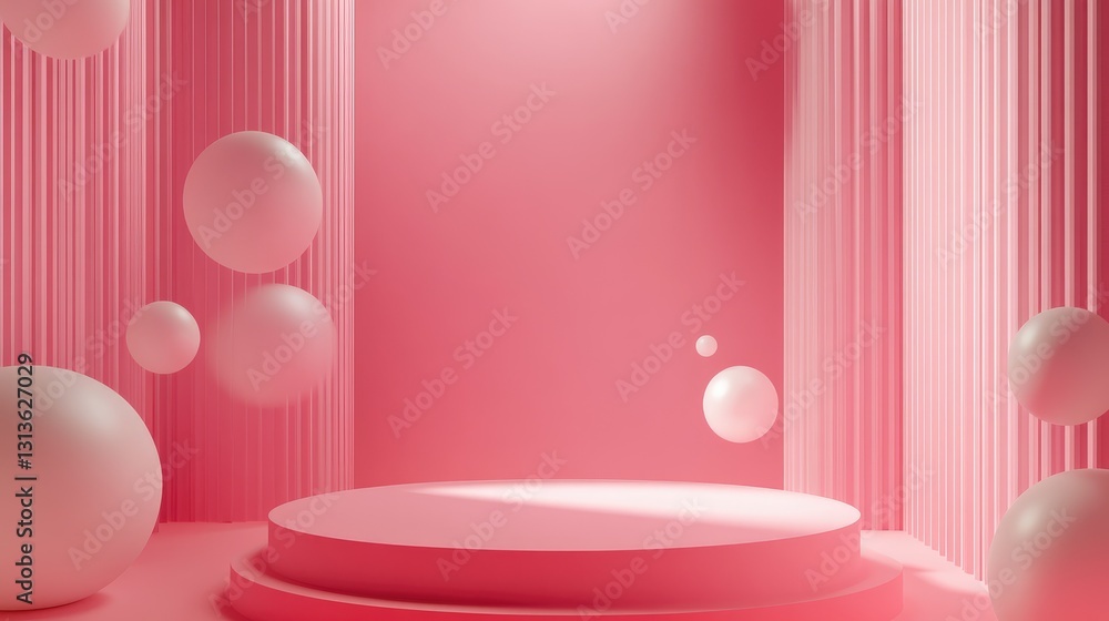 Aufkleber A bold pink background with floating geometric shapes and a textured podium lit softly, enhancing depth and modern design in a minimalistic setting.