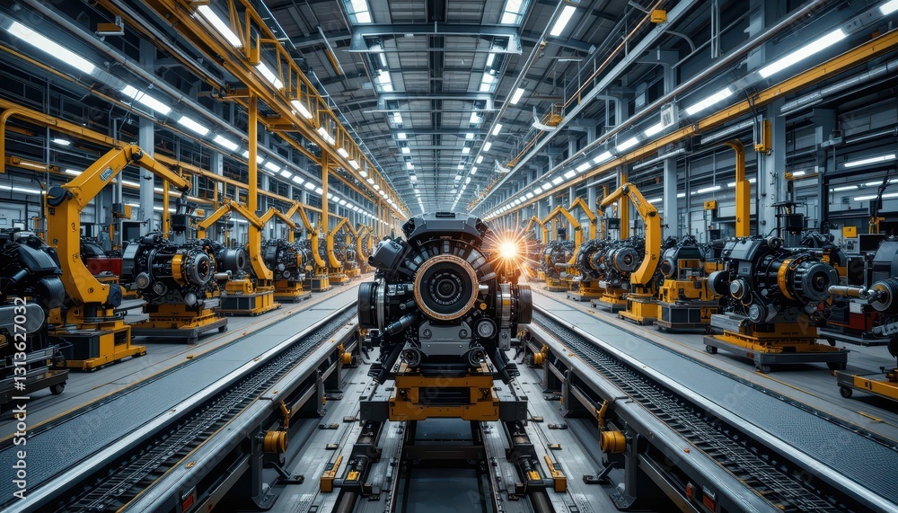 Poster industrial factory assembly line with robotics and engines