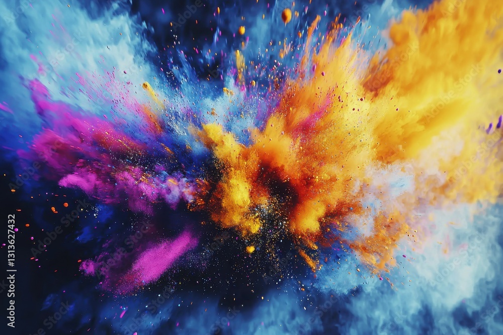 Poster an explosive burst of vibrant colors with a dynamic cloud-like effect, creating a captivating abstra