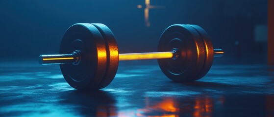 Close-Up of Barbell on Gym Floor Illuminated by Dramatic Blue and Orange Lighting, Fitness Equipment in Training Environment
