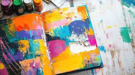 Fototapeta na wymiar A bright, colorful art journal with mixed media and collage elements, set on a creative workspace, perfect for artists and creators.