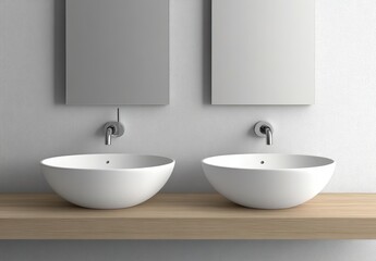 Fototapeta premium Modern minimalist bathroom design featuring two sleek white sinks on a wooden countertop with elegant mirrors and stylish faucets against a light wall
