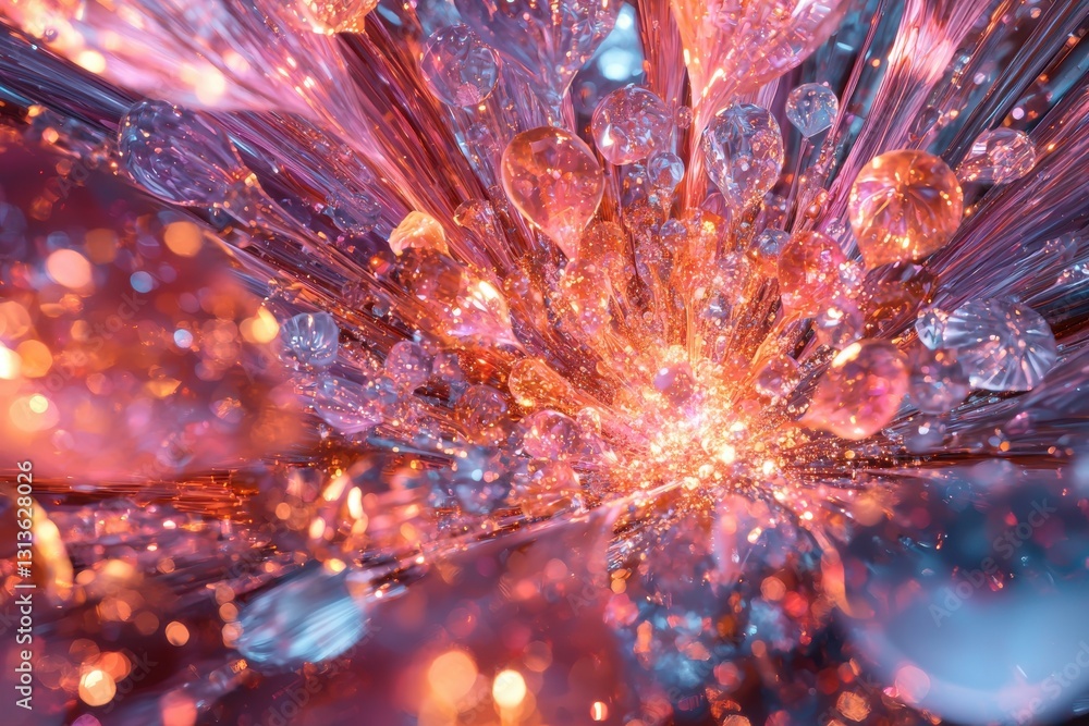 Poster a mesmerizing abstract background with sparkling particles in pink and blue hues, radiating from a c