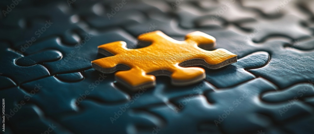 Poster a single bright yellow puzzle piece standing out on a dark background of incomplete puzzle pieces hi