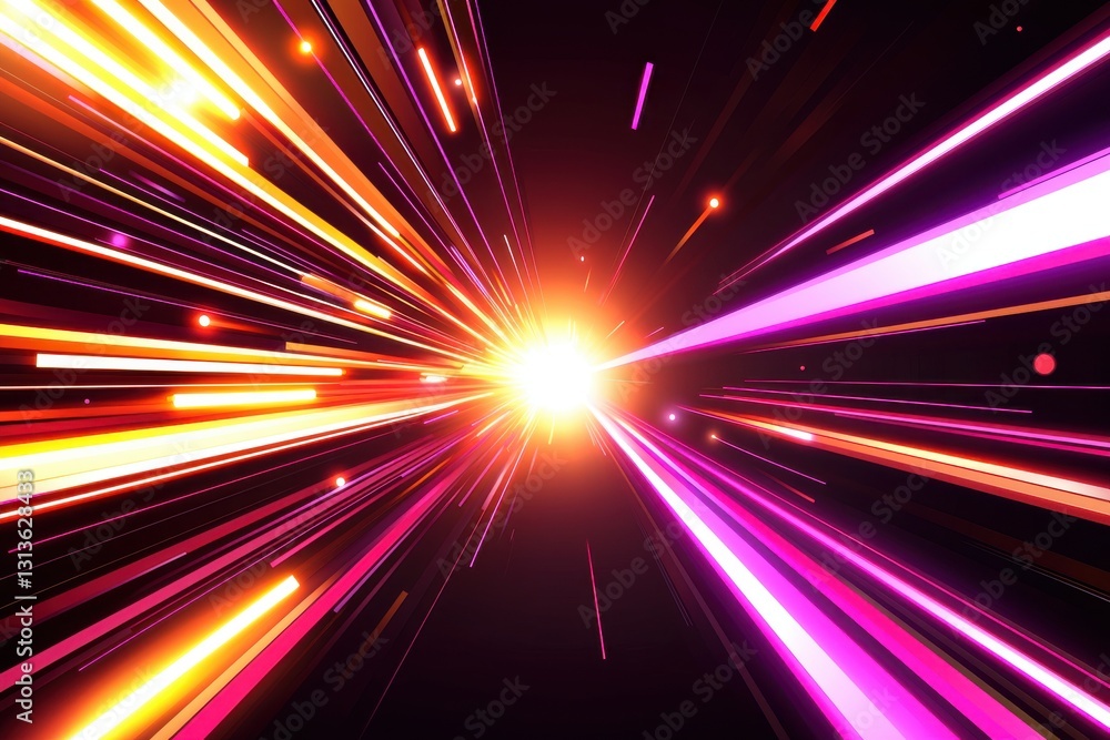 Poster an abstract hyper-speed background with orange and pink light streaks emanating from a central brigh