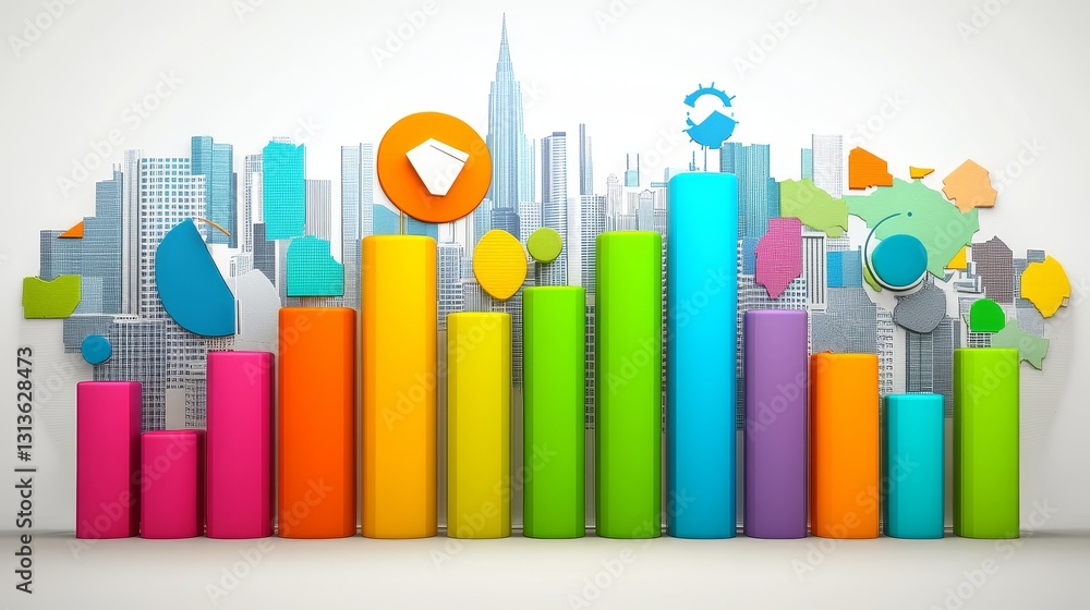 Poster colorful growth chart infographic display with cityscape for business presentation or report visuali